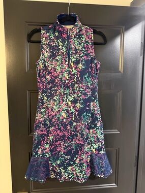 Empowered By You Navy Floral Sleeveless Zip Golf Dress with Pink & Mint Accents